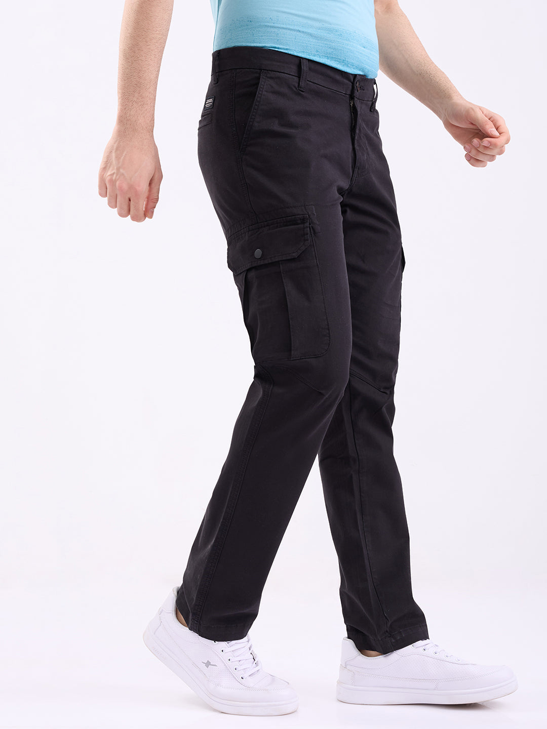 Spykar Jet Black Mid Rise Cargo Fit Casual Trouser For Men