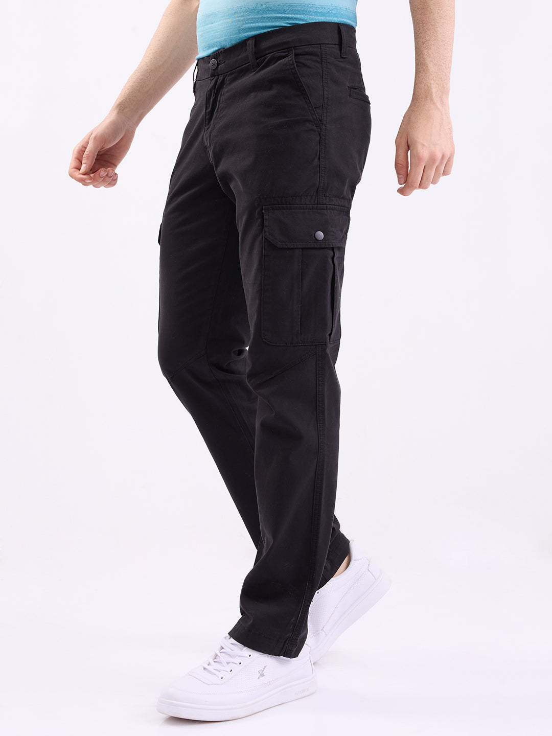 Spykar Jet Black Mid Rise Cargo Fit Casual Trouser For Men