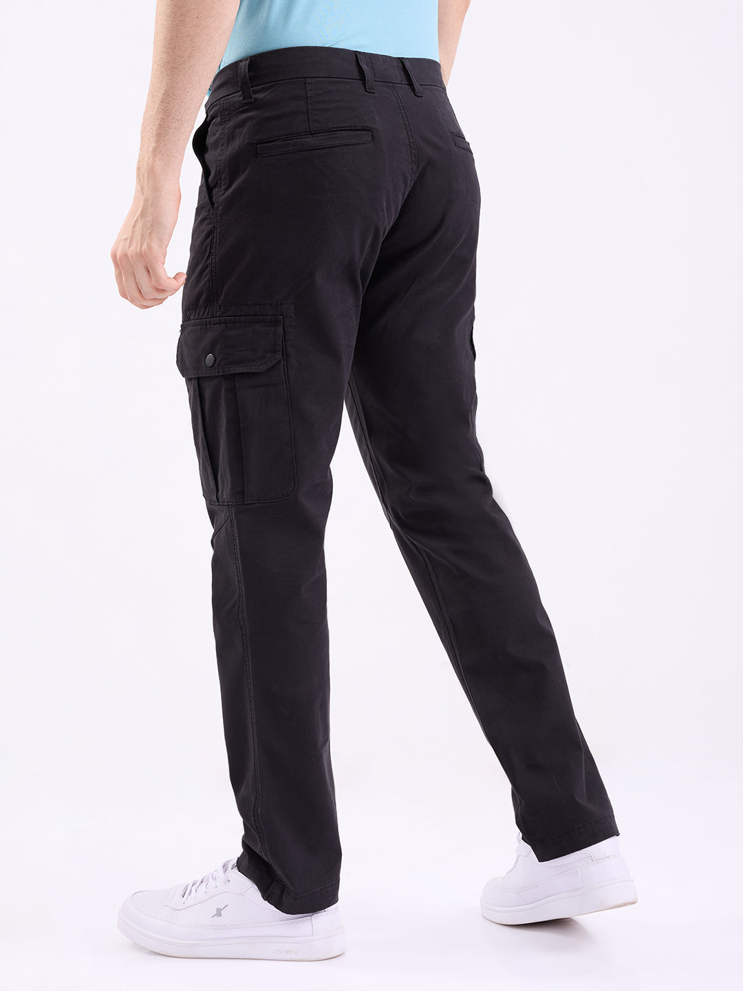 Spykar Jet Black Mid Rise Cargo Fit Casual Trouser For Men