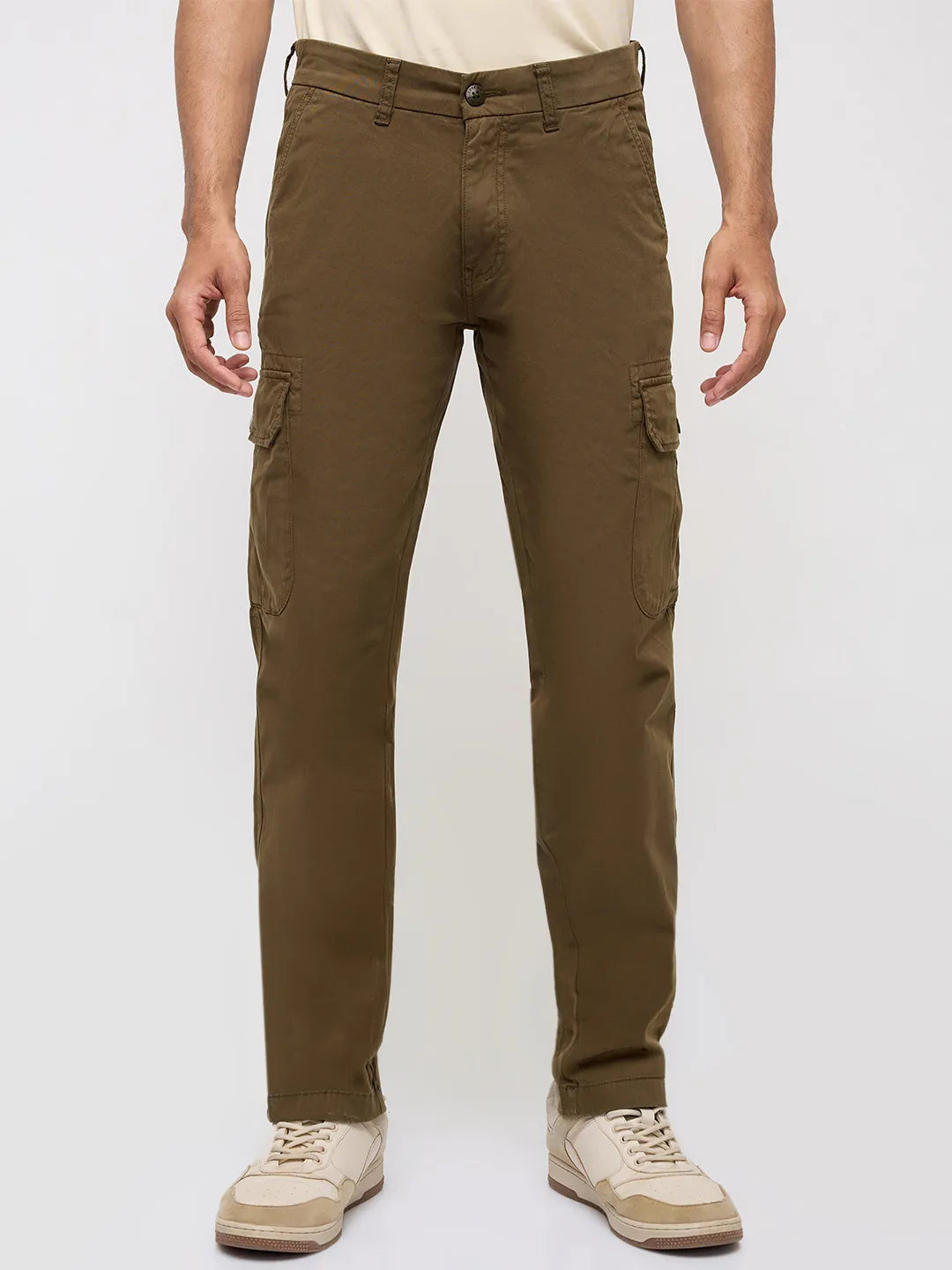 Men Trouser Cargo Fit Green Mid Rise