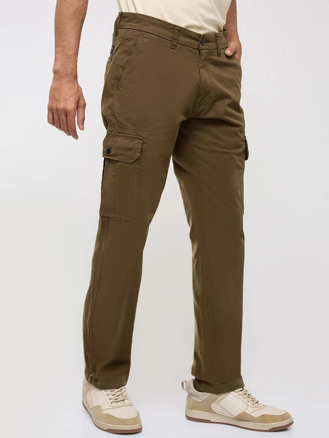 Men Trouser Cargo Fit Green Mid Rise