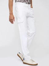 Men Trouser Cargo Fit White Mid Rise