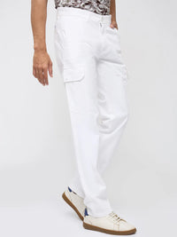 Men Trouser Cargo Fit White Mid Rise