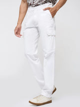 Men Trouser Cargo Fit White Mid Rise