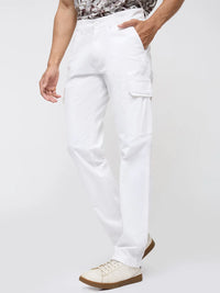 Men Trouser Cargo Fit White Mid Rise