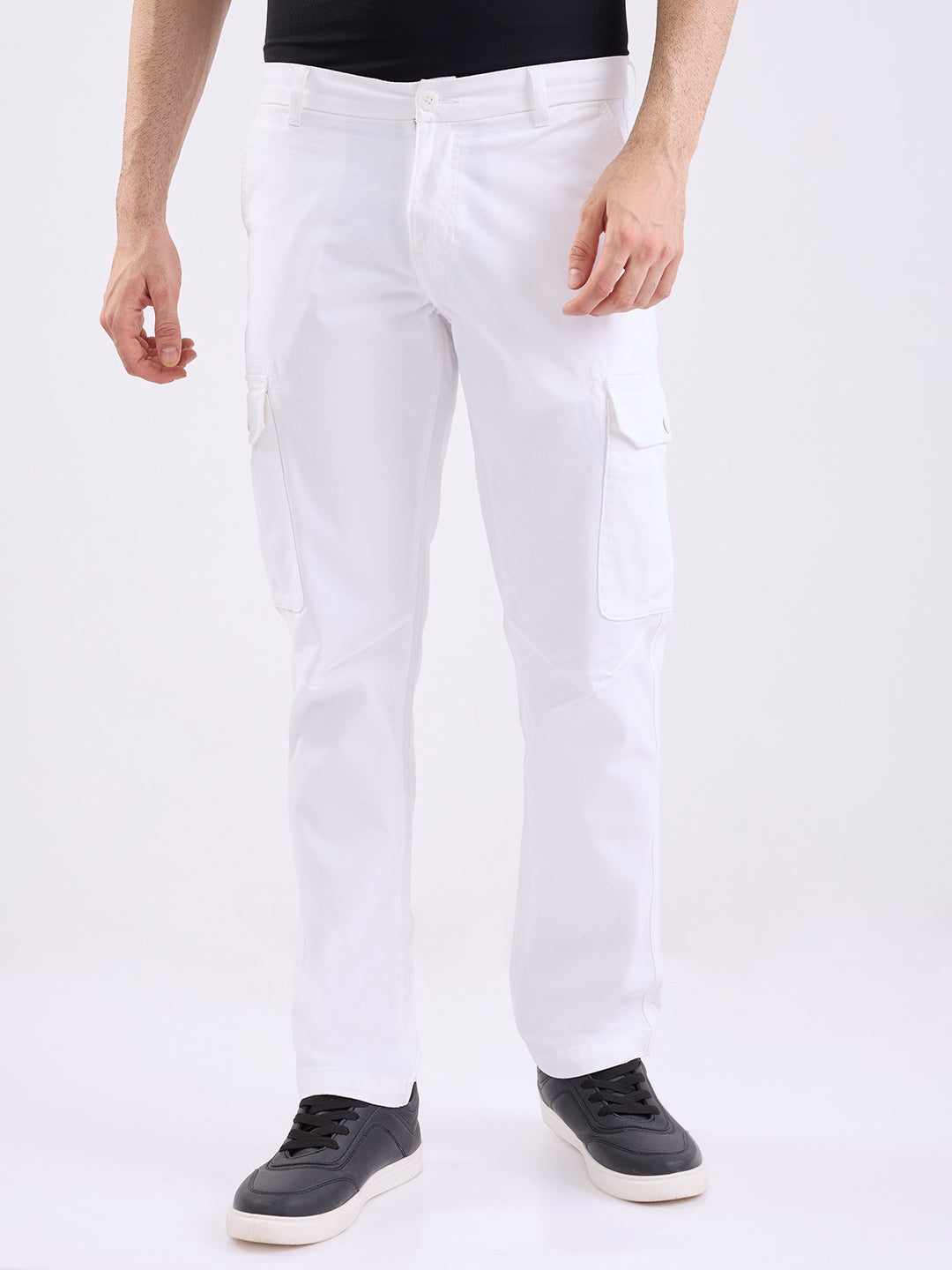 Men Trouser Cargo Fit White Mid Rise