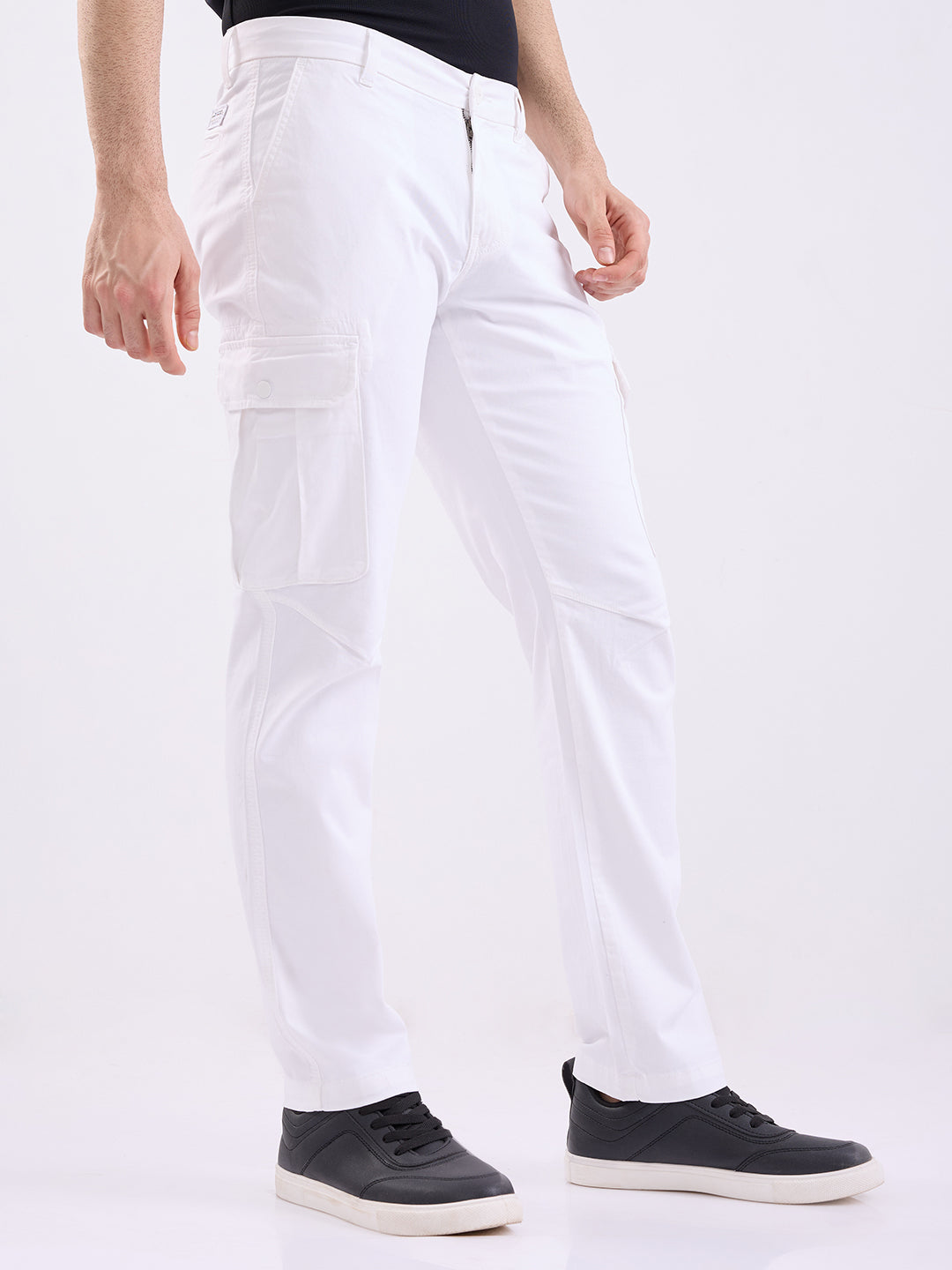 Men Trouser Cargo Fit White Mid Rise