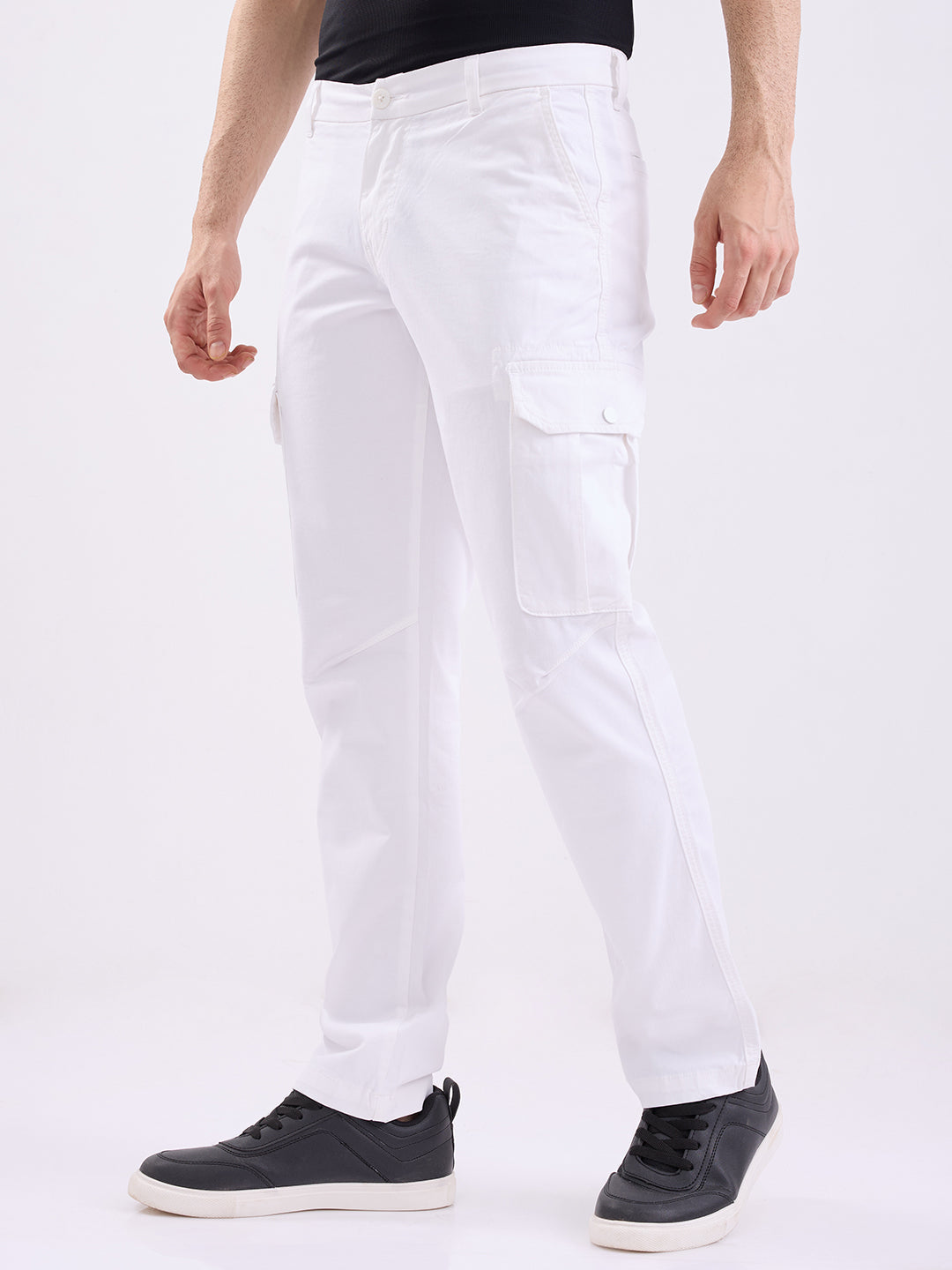 Spykar White Mid Rise Cargo Fit Casual Trouser For Men