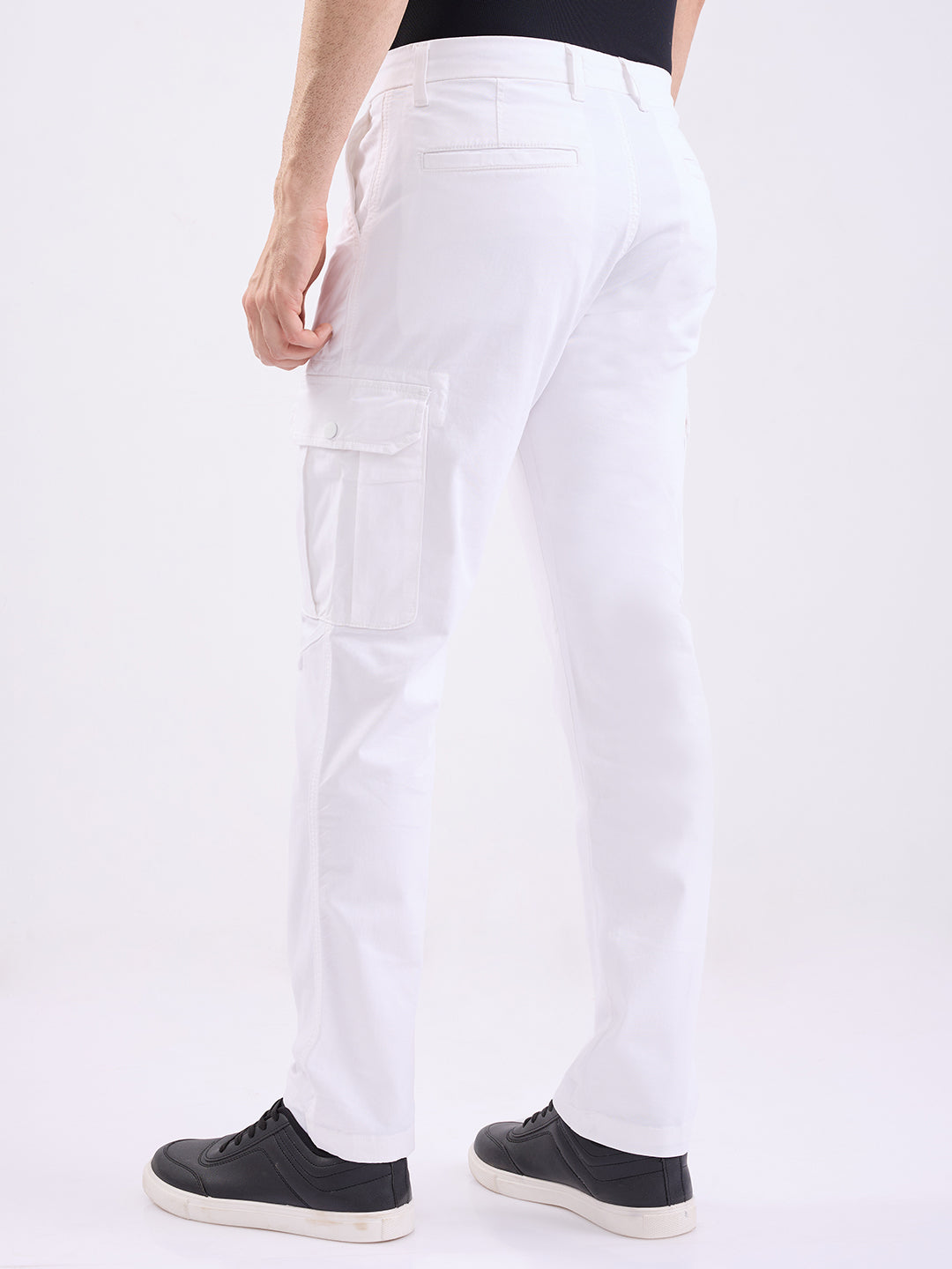 Spykar White Mid Rise Cargo Fit Casual Trouser For Men