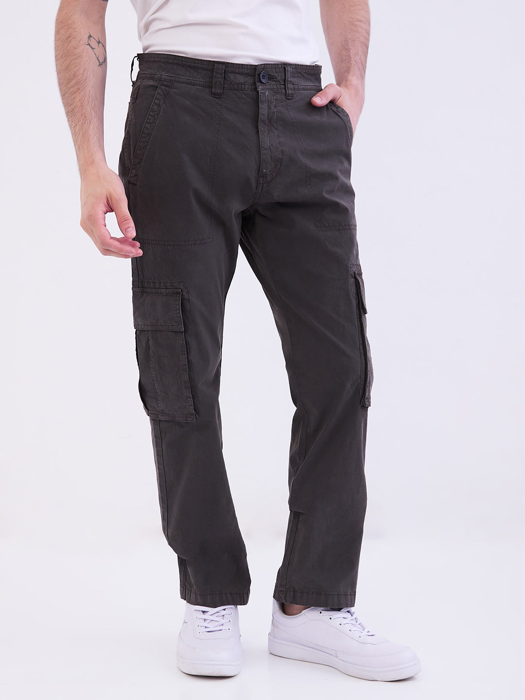 Men Trouser Chico Fit Grey Mid Rise