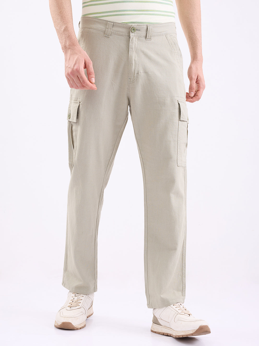 Men Trouser Straight Fit Green Mid Rise