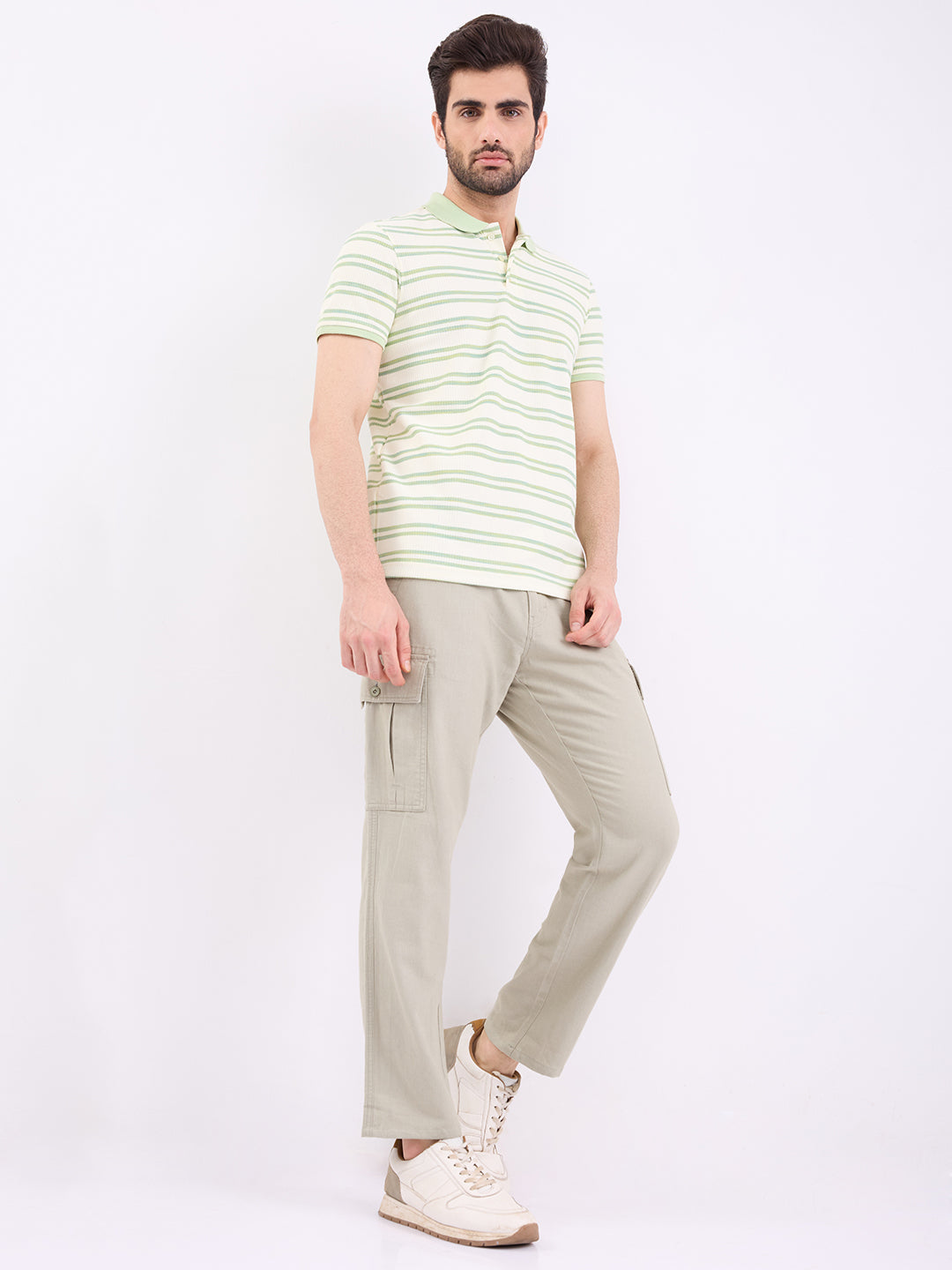Men Trouser Straight Fit Green Mid Rise