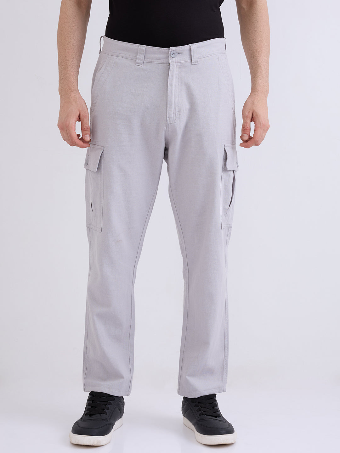 Men Trouser Straight Fit Grey Mid Rise
