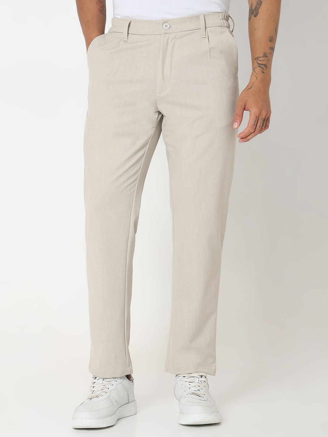 Spykar Beige Slim Fit Cotton Trouser For Men