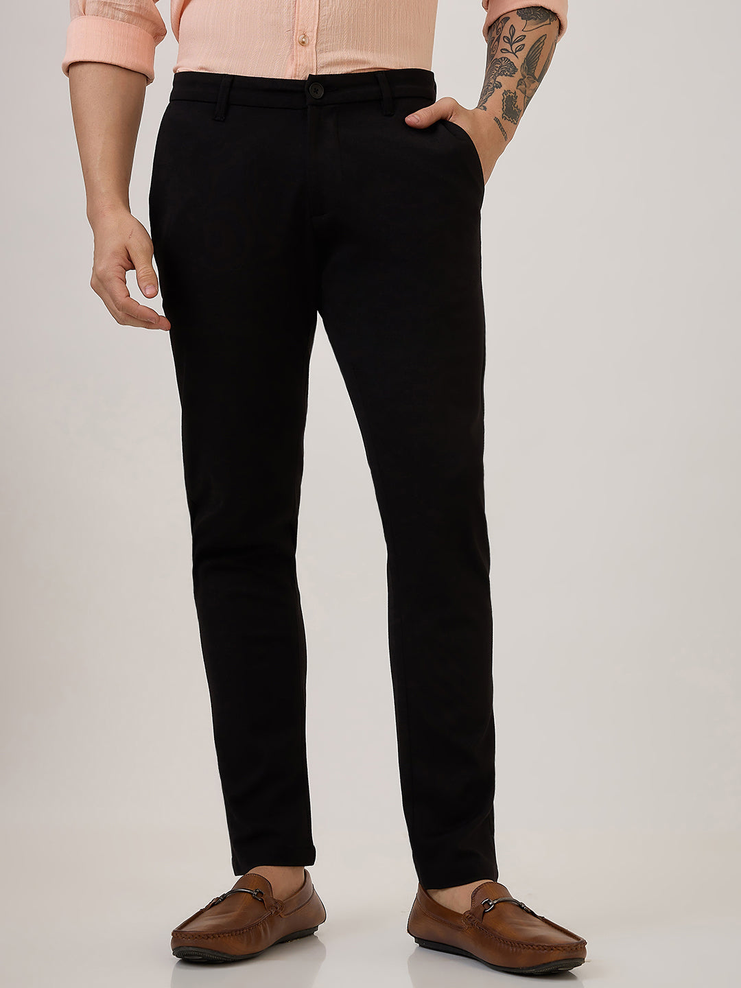 Spykar Slim Fit Mid Rise Black Casual Trouser For Men