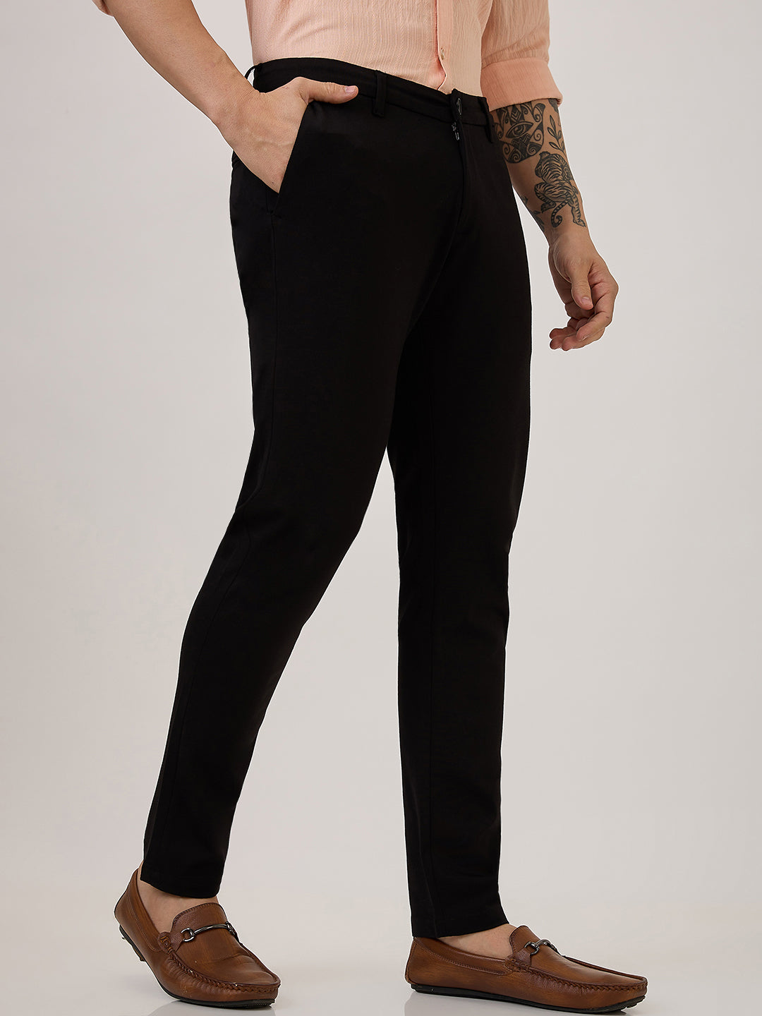 Spykar Slim Fit Mid Rise Black Casual Trouser For Men