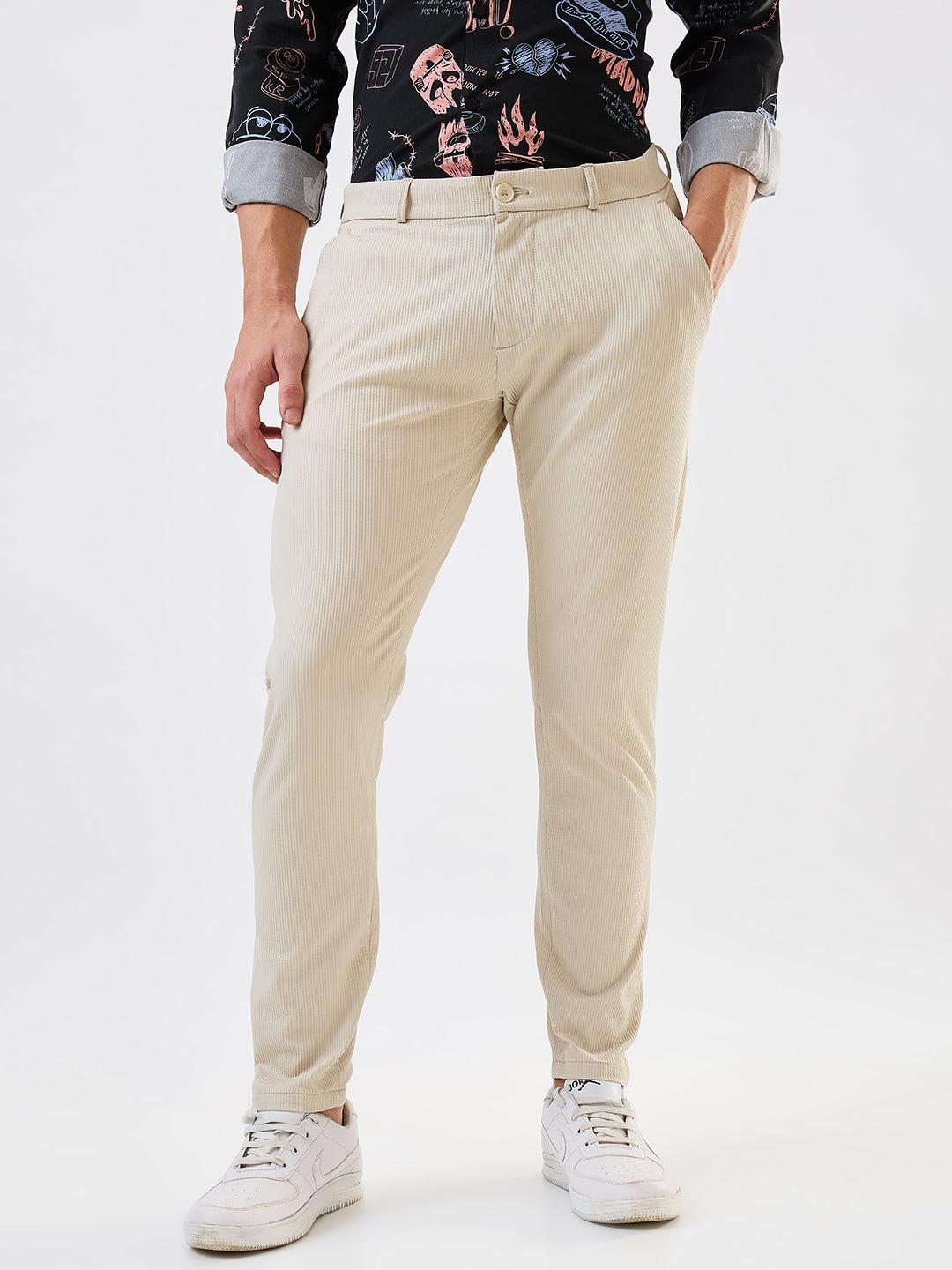 Men Cargo Slim Fit Beige Mid Rise
