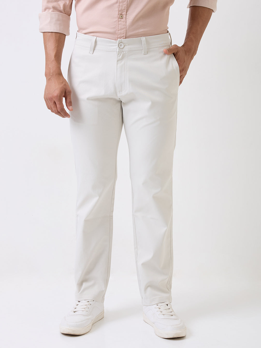 Men Trouser Comfort Fit White Mid Rise