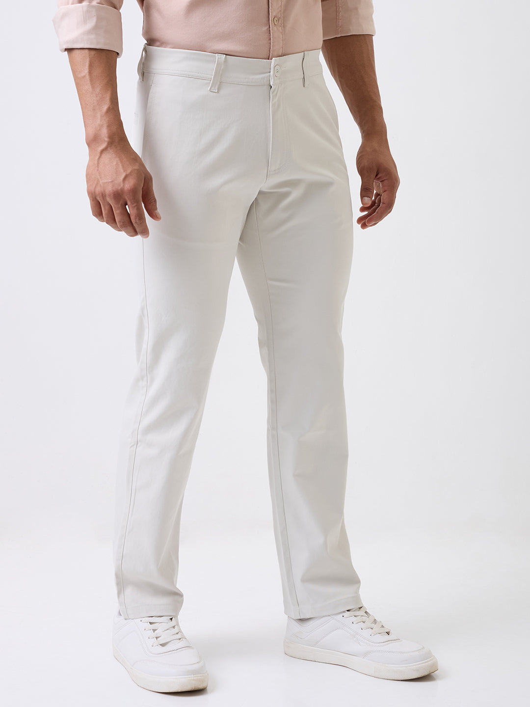 Men Trouser Comfort Fit White Mid Rise