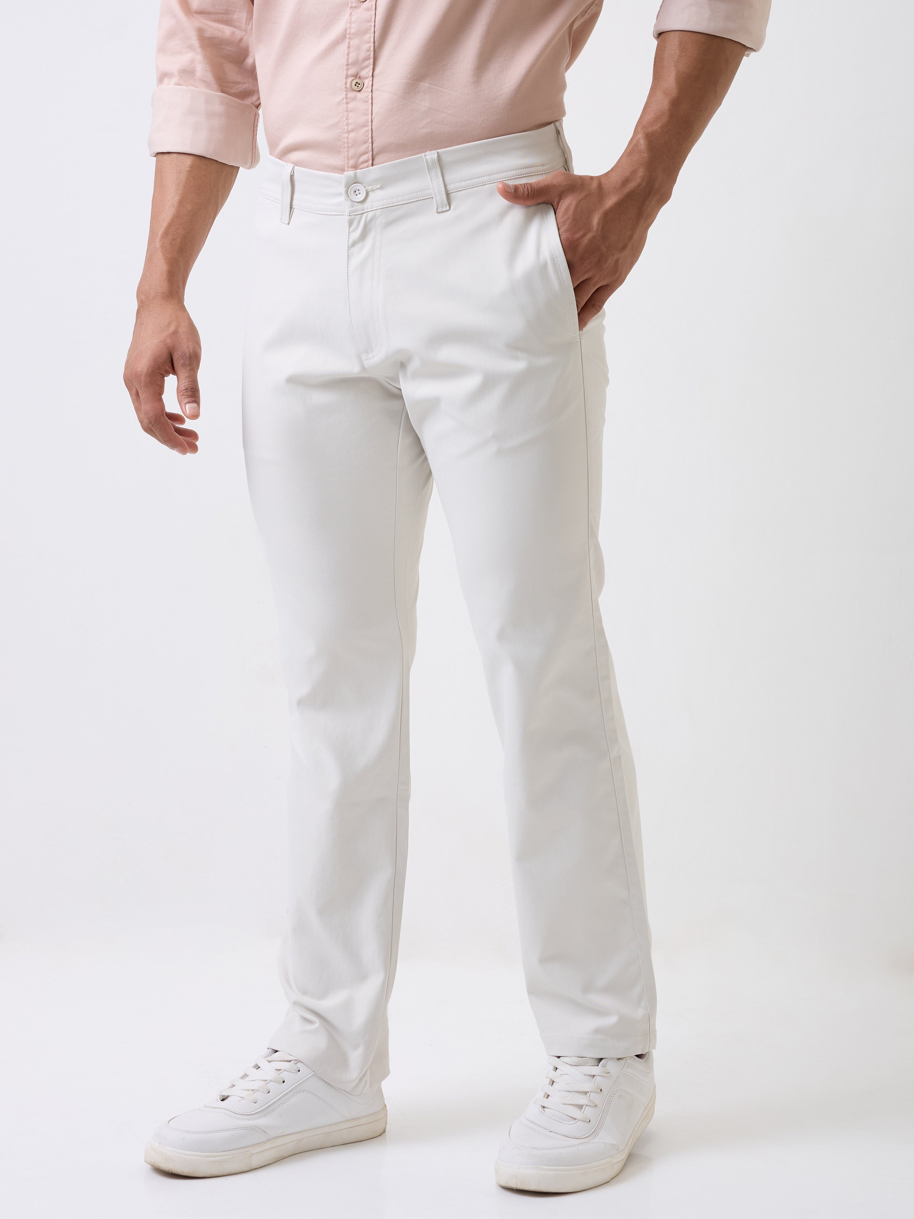 Spykar White Mid Rise Comfort Fit Casual Trouser For Men