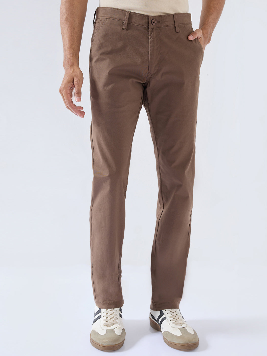 Men Trouser Regular Fit Brown Mid Rise