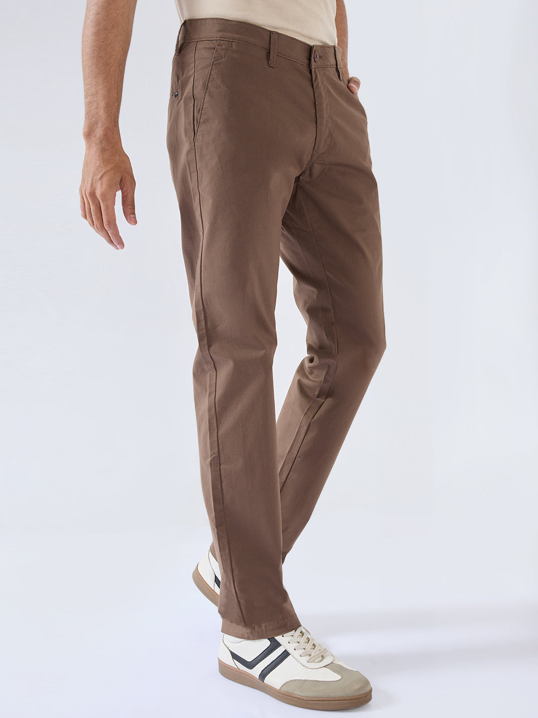 Men Trouser Regular Fit Brown Mid Rise