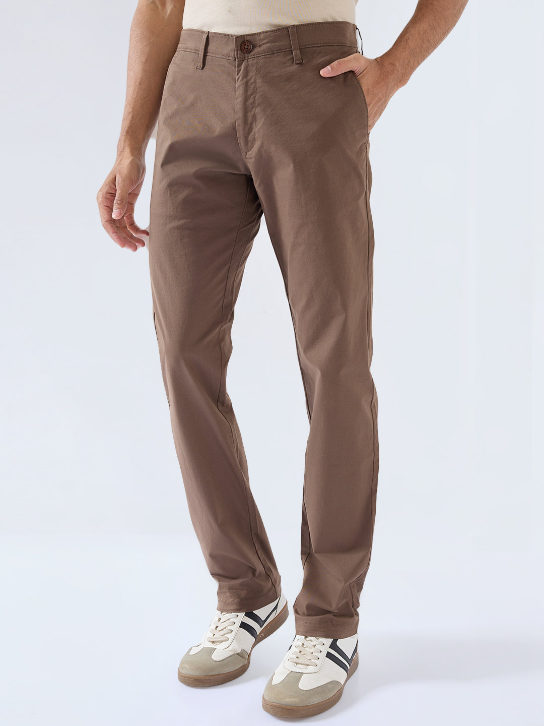 Men Trouser Regular Fit Brown Mid Rise