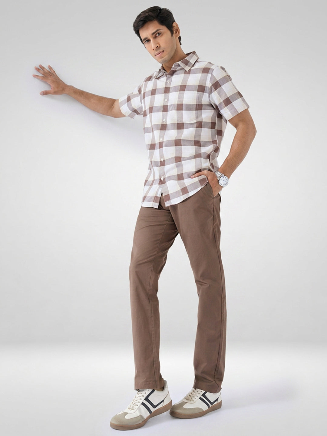 Men Trouser Regular Fit Brown Mid Rise