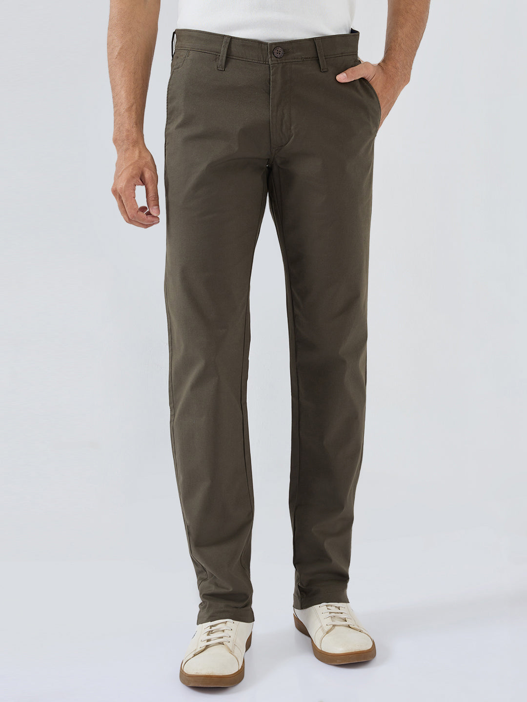 Men Trouser Regular Fit Olive Mid Rise