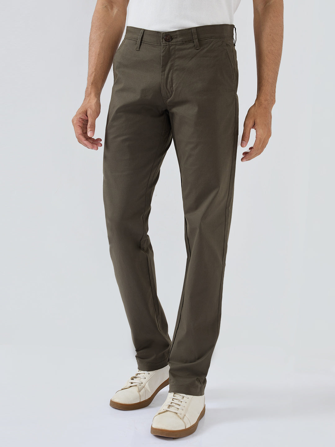 Men Trouser Regular Fit Olive Mid Rise
