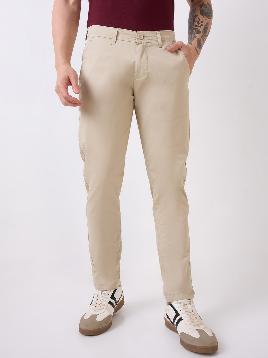 Spykar Beige Slim Fit Mid Rise Casual Trouser For Men