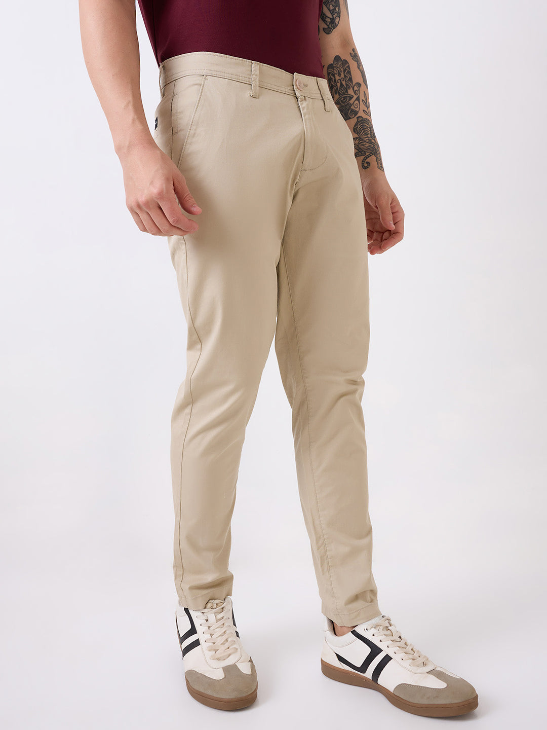 Men Trouser Slim Fit Beige Mid Rise