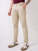 Men Trouser Slim Fit Beige Mid Rise