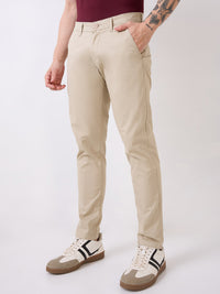 Men Trouser Slim Fit Beige Mid Rise