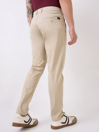 Men Trouser Slim Fit Beige Mid Rise