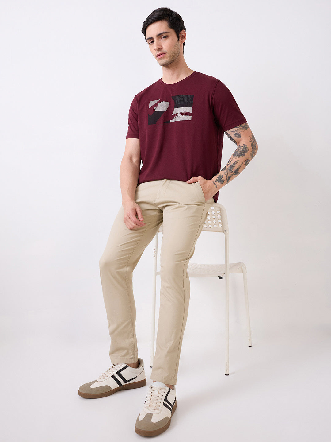 Men Trouser Slim Fit Beige Mid Rise
