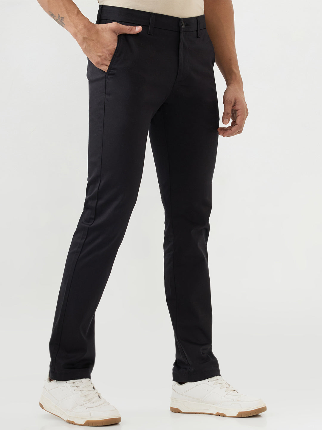 Spykar Black Mid Rise Trousers For Men
