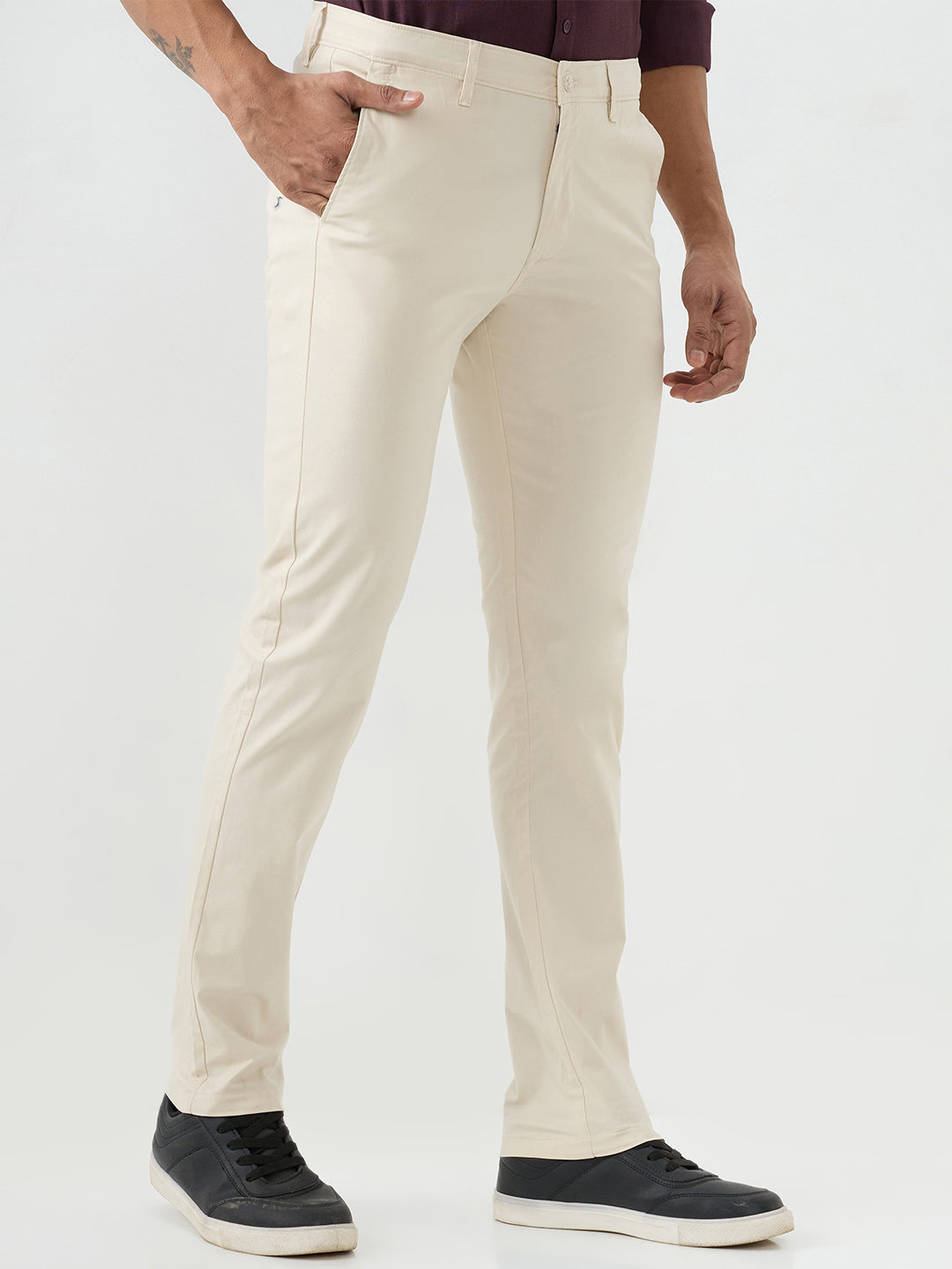 Spykar Beige Mid Rise Trousers For Men