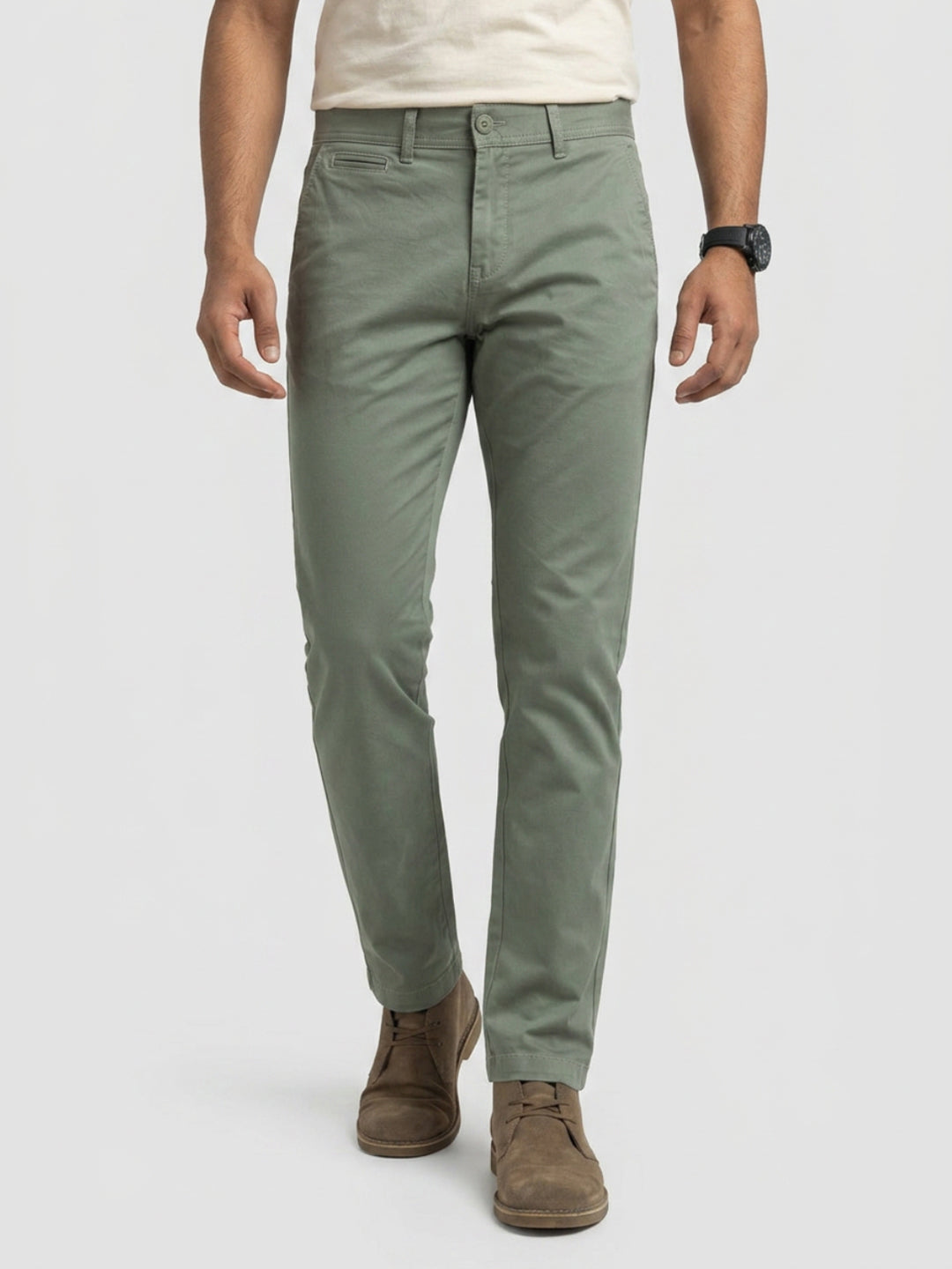 Men Trouser Regular Fit Green Mid Rise