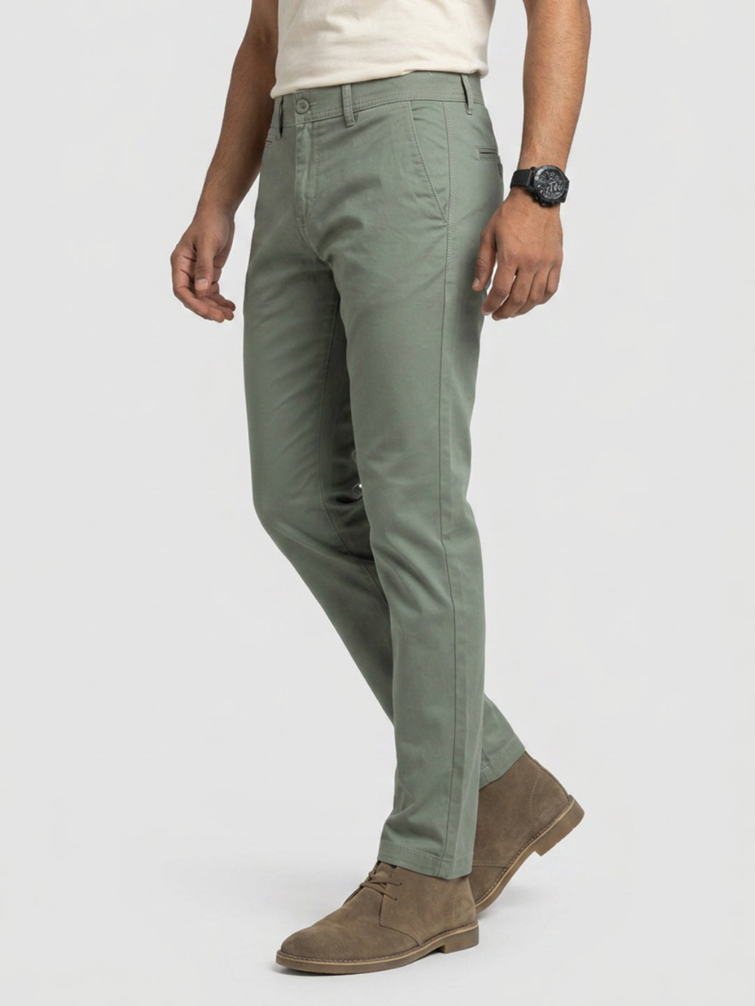 Men Trouser Regular Fit Green Mid Rise