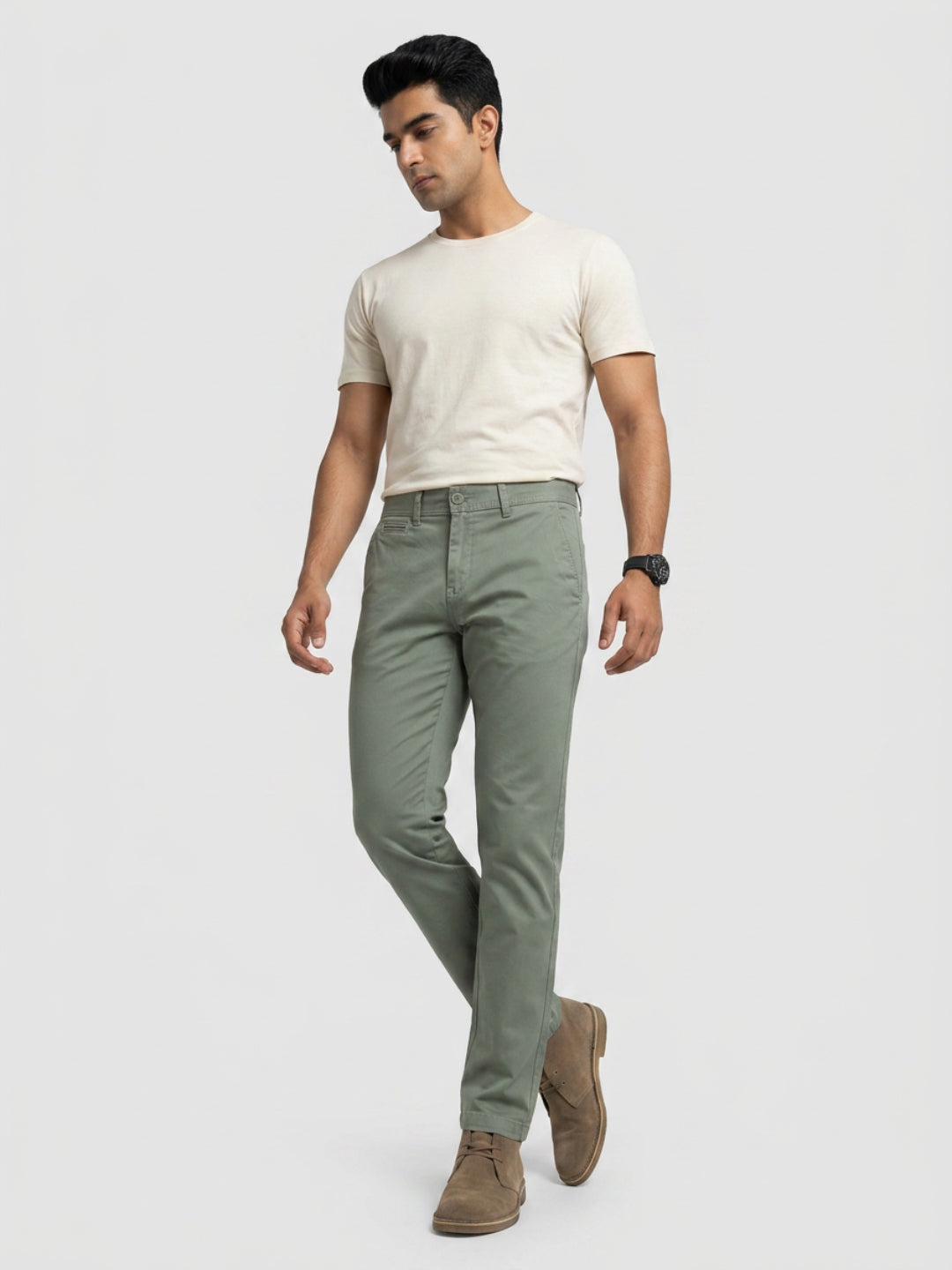 Men Trouser Regular Fit Green Mid Rise