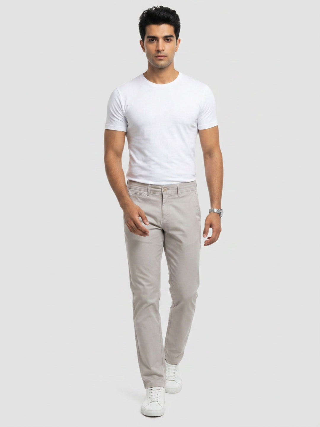 Men Trouser Regular Fit Beige Mid Rise