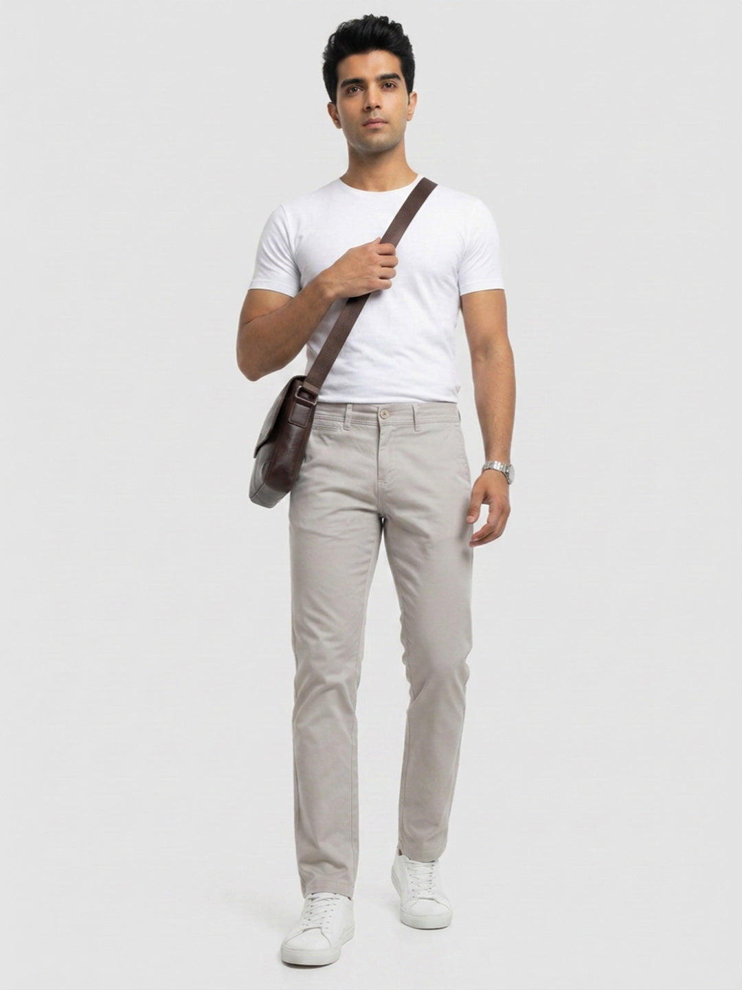 Men Trouser Regular Fit Beige Mid Rise