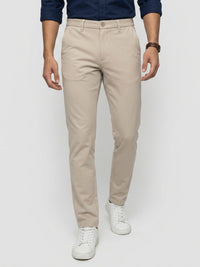 Men Trouser Regular Fit Beige Mid Rise
