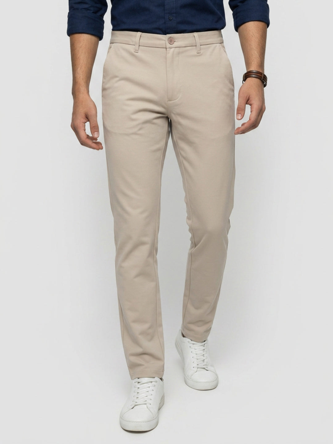 Men Trouser Regular Fit Beige Mid Rise