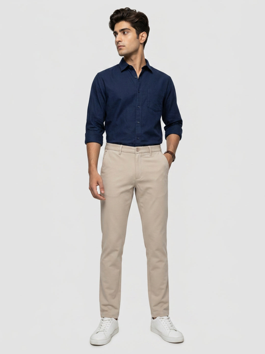 Men Trouser Regular Fit Beige Mid Rise