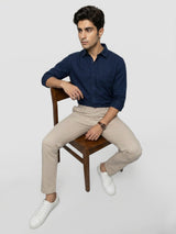 Men Trouser Regular Fit Beige Mid Rise