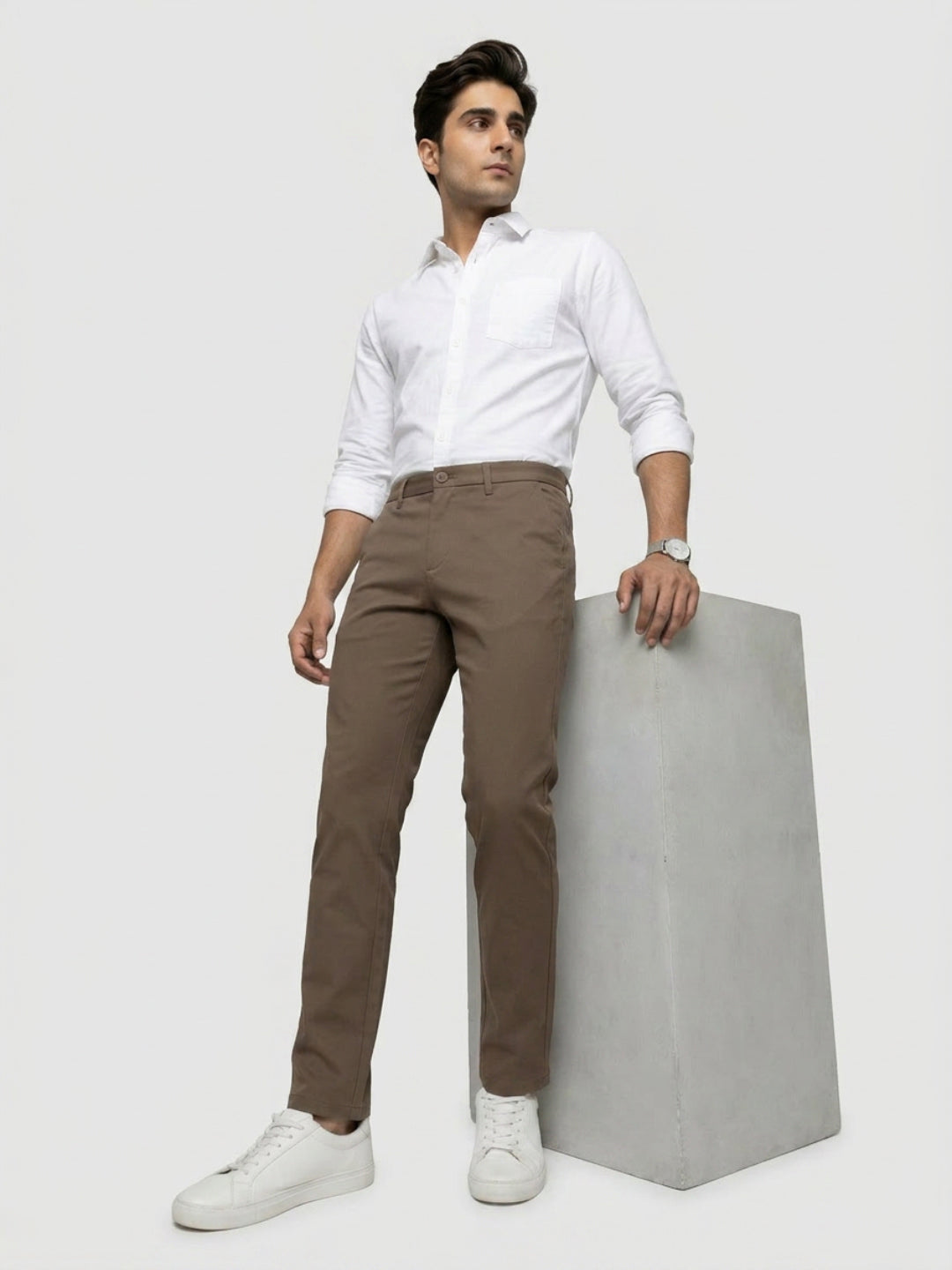 Men Trouser Regular Fit Grey Mid Rise
