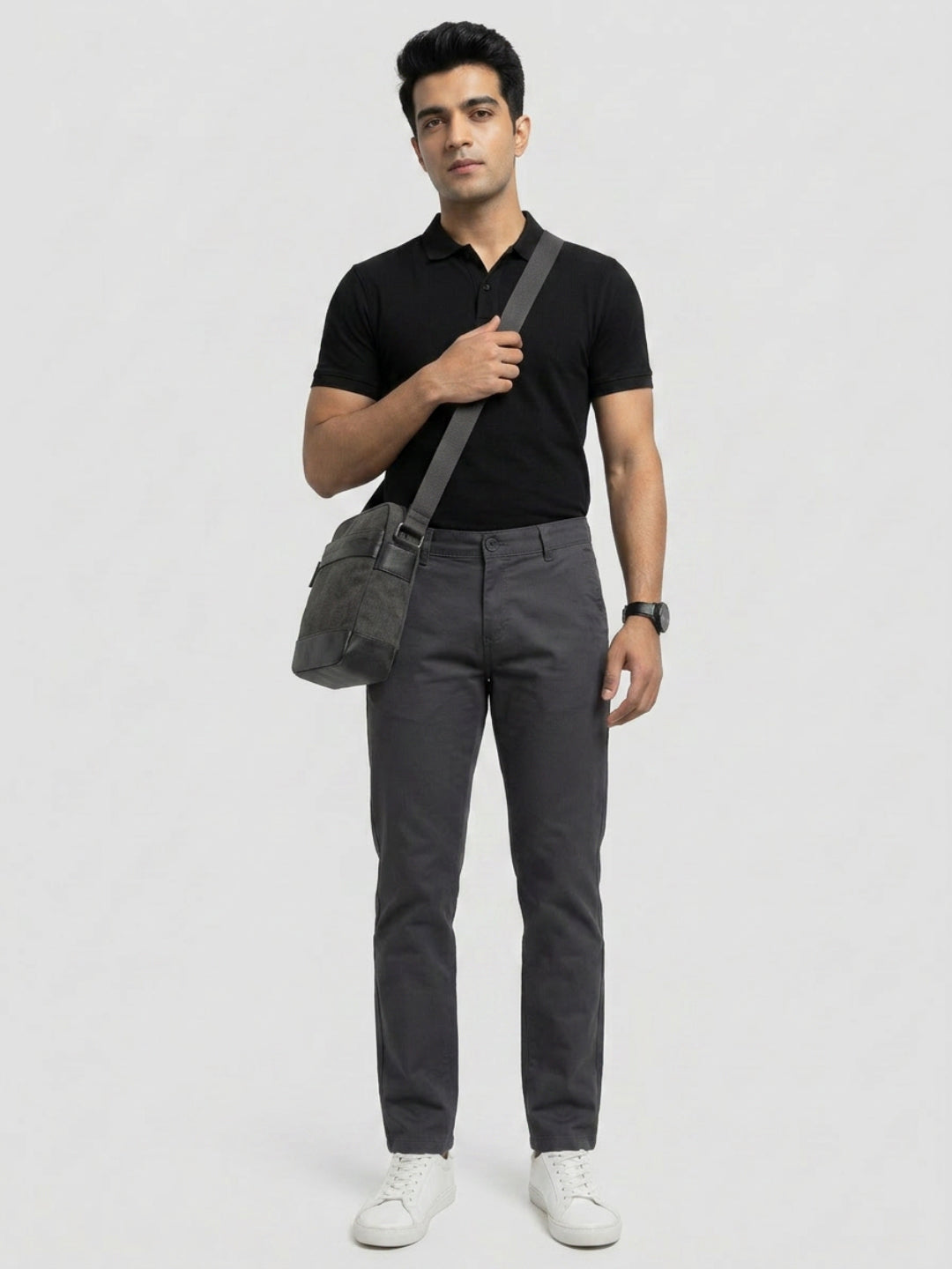 Men Trouser Regular Fit Grey Mid Rise