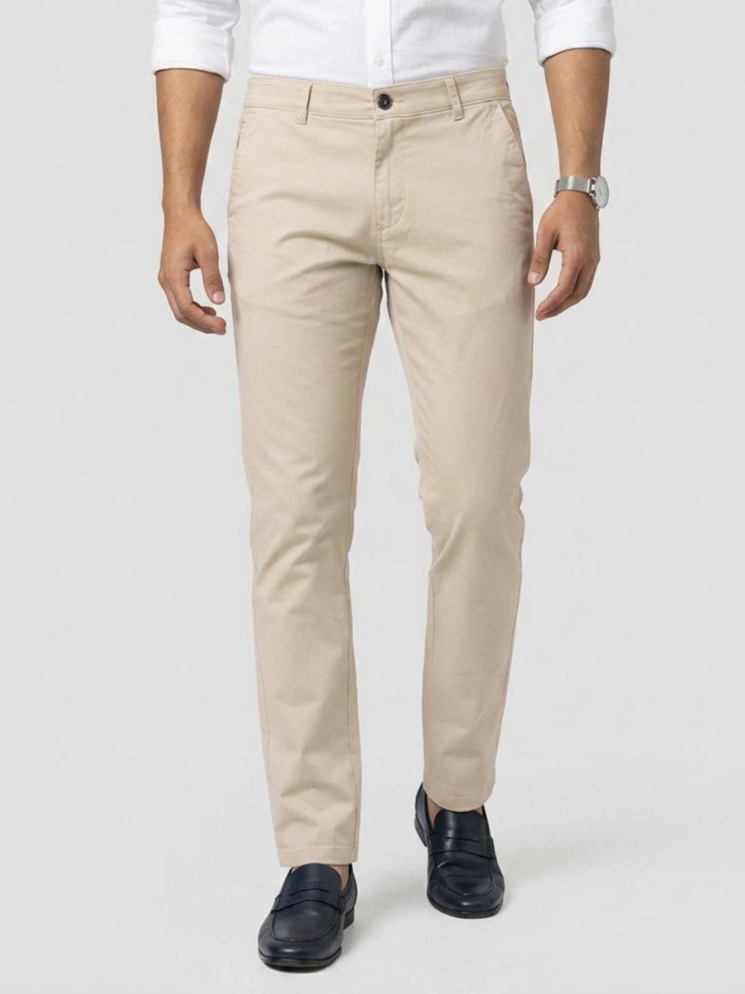 Men Trouser Regular Fit Beige Mid Rise